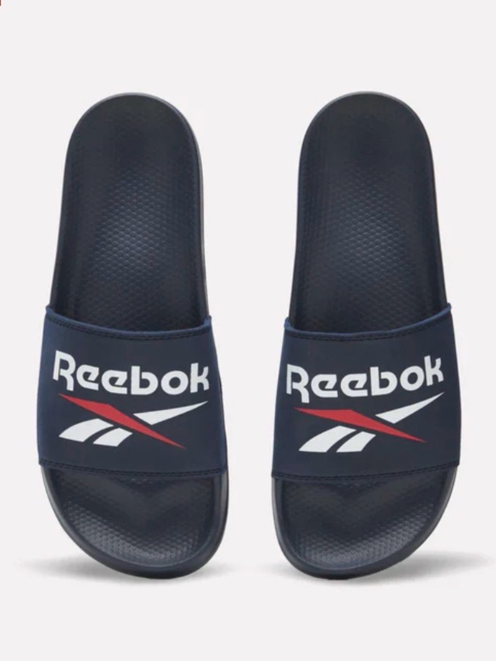 Reebok Navy Slide Sandals with White and Red Logo